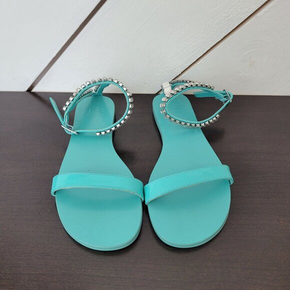 NEW AAJ By Aminah Womens Viktoria Embellished Flate Teal 7.5 Ankle strap Sandals - Picture 3 of 9